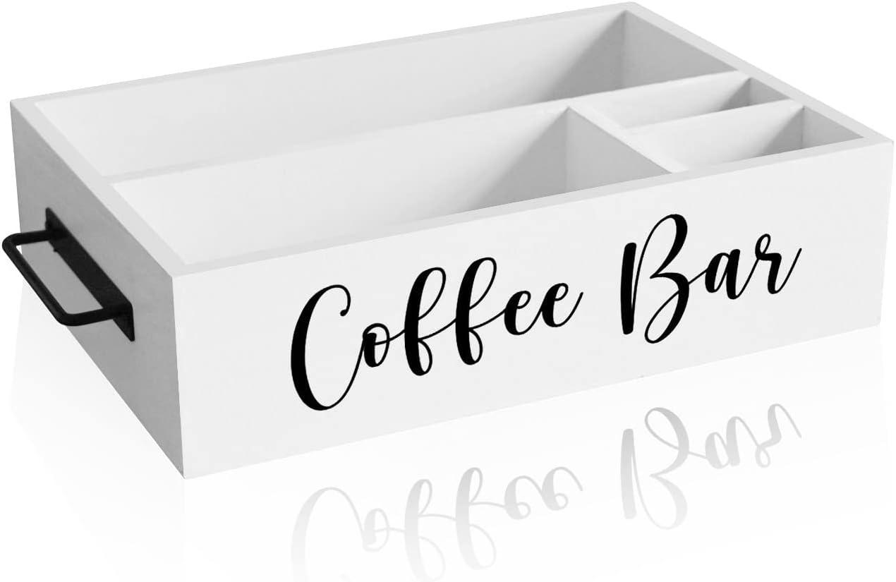 Coffee Station Organizer Wooden Coffee Bar Accessories Organizer for Countertop, Farmhouse Kcup Coffee Pod Holder Storage Basket Coffee Bar Organizer - White