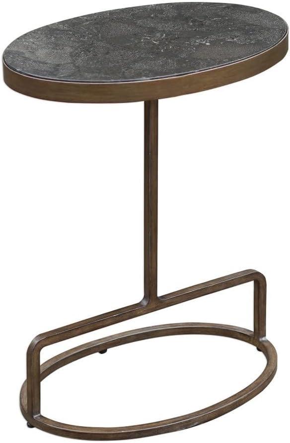 Oval Gold and Gray Marble Metal Accent Table