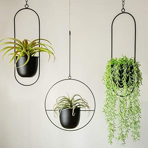 Black Metal Round Hanging Planter with Vertical Design