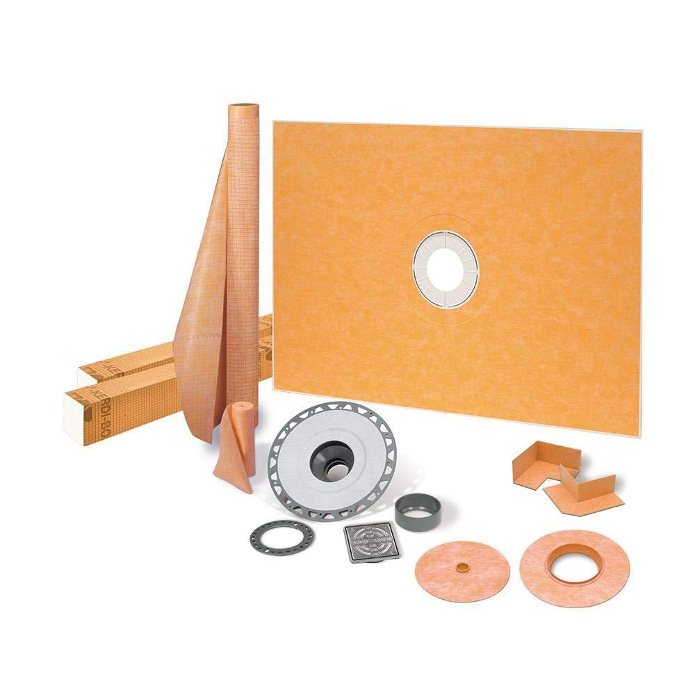 Schluter Kerdi Shower Kit with Shower Tray, Curb, Waterproofing Membrane, Strips, and Seals - Waterproofing System for Tiled Showers - Center Outlet Position, 38" x 60" Tray Size - KSK9651525ABS