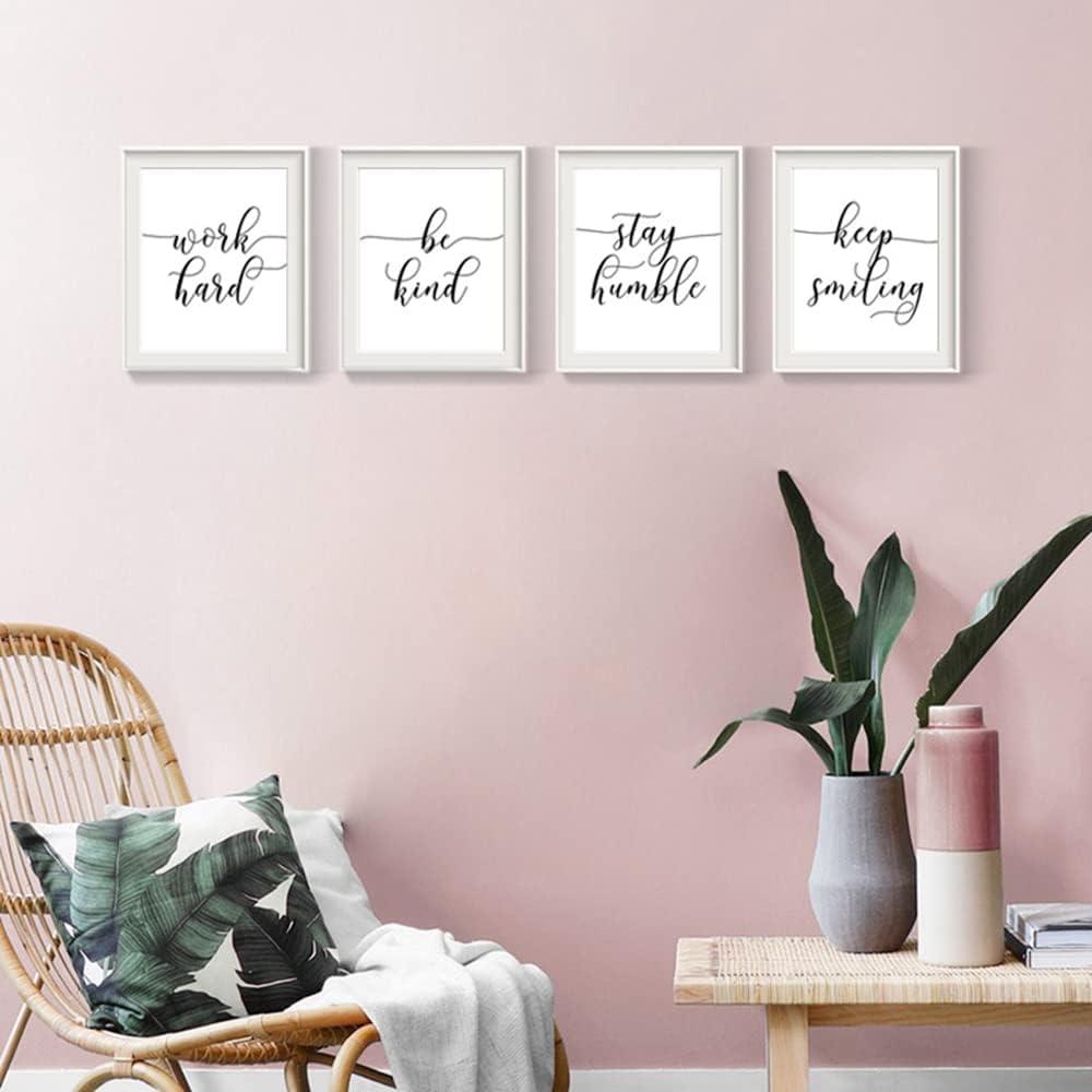 Work Hard. Be Kind. Stay Humble. Keep Smiling. Black and White Minimalist Motivational Wall Art. 4 Set (8 x 10). Unframed.