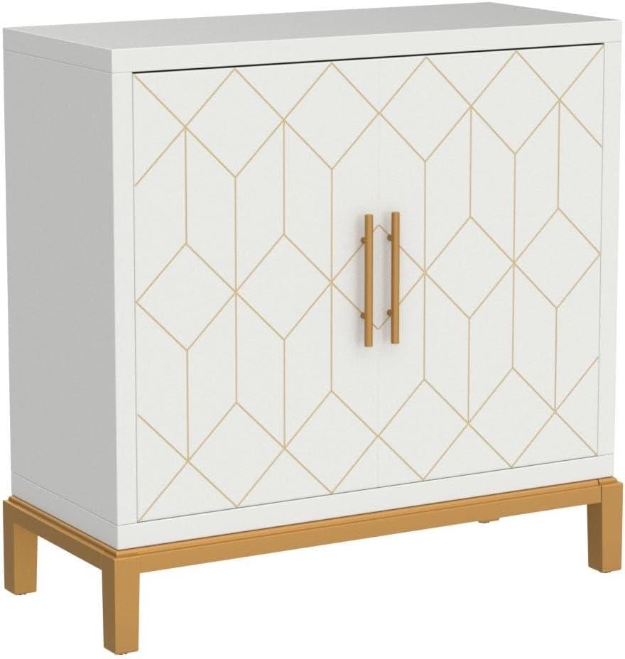 White and Gold Geometric Wooden Accent Cabinet