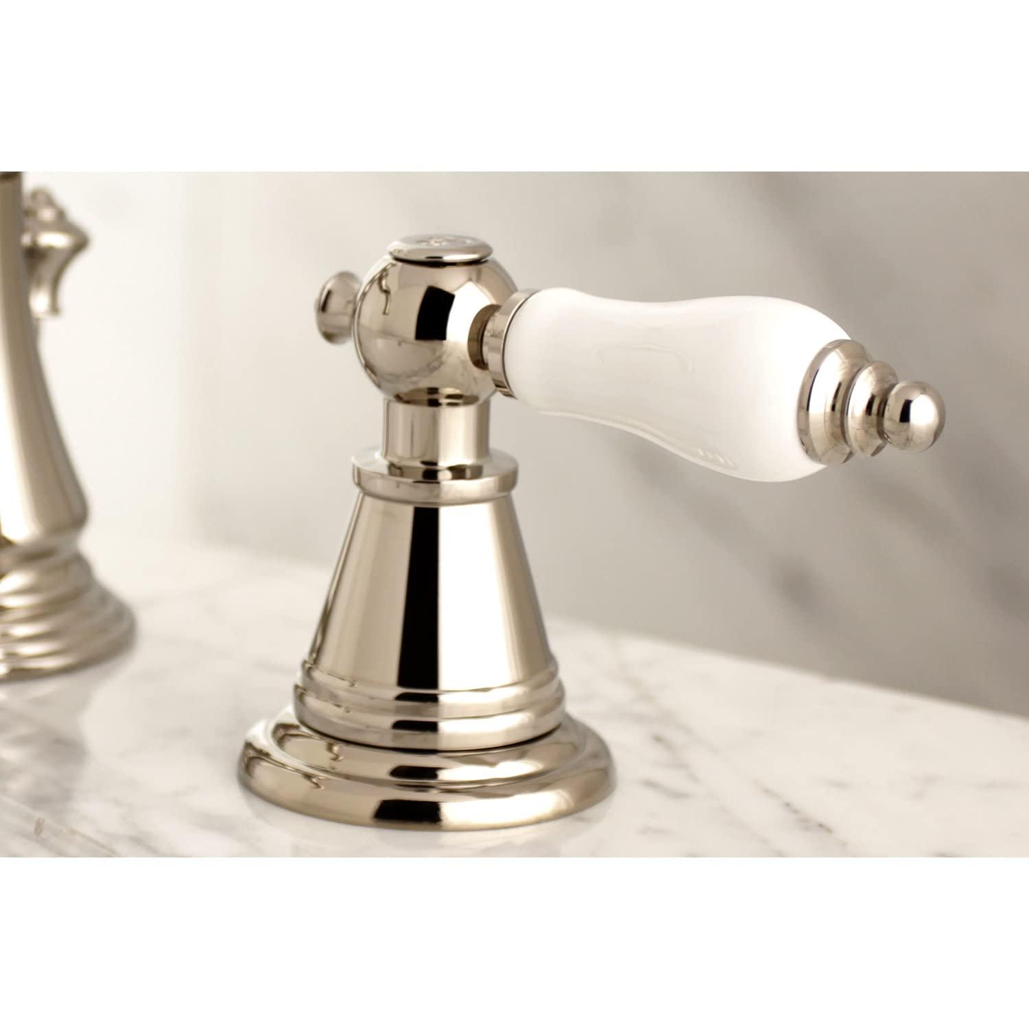 Kingston Brass English Classic Two-Handle 3-Hole Deck Mount Widespread Bathroom Faucet with Brass Pop-Up Drain