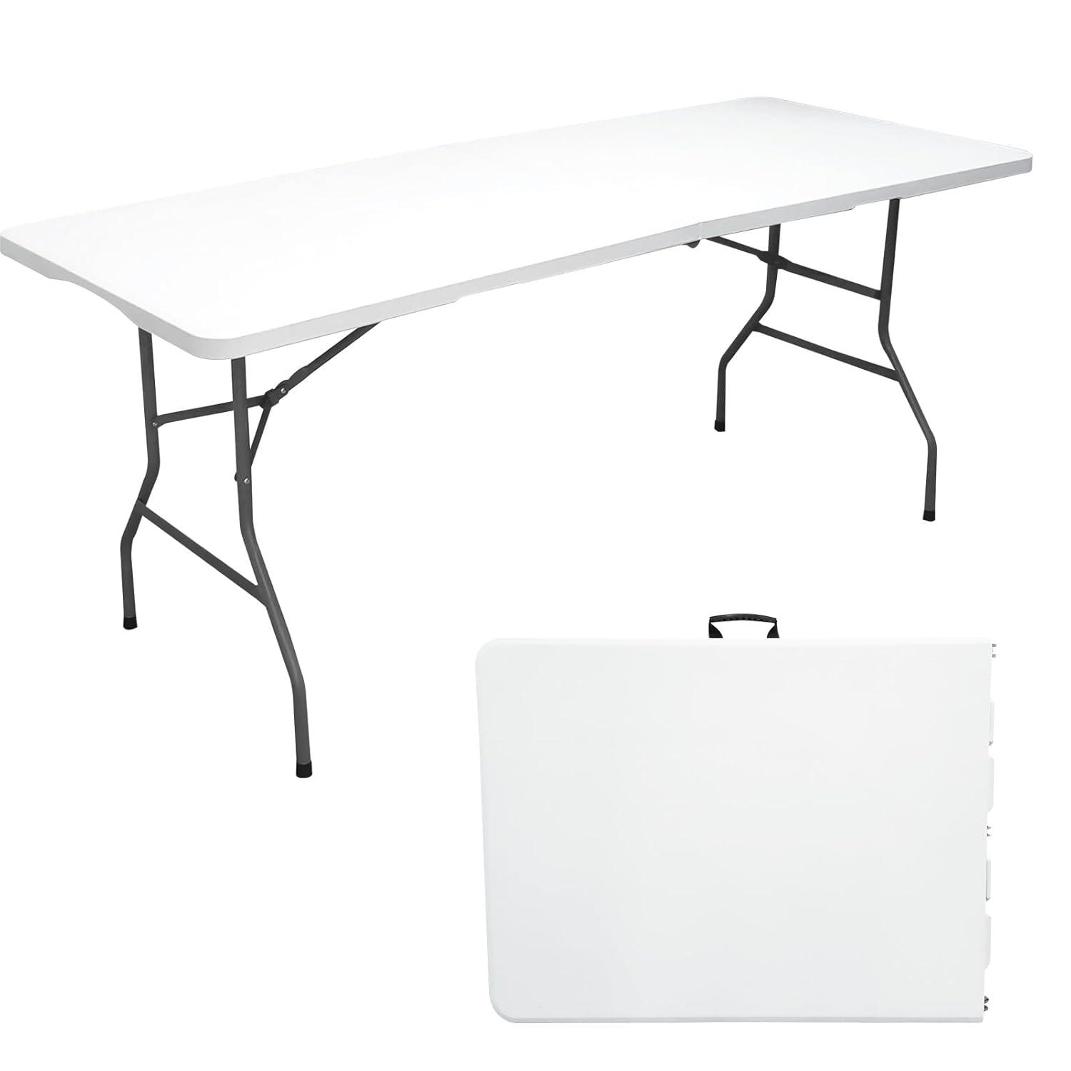 4 ft Portable Folding Table, Idustrial Heavy-Duty Foldable Table, HDPE Plastic Table, with Carrying Handle, Locks, Stright Legs for Indoor & Outdoor Party, Barbeque, Camping, Board Games - White