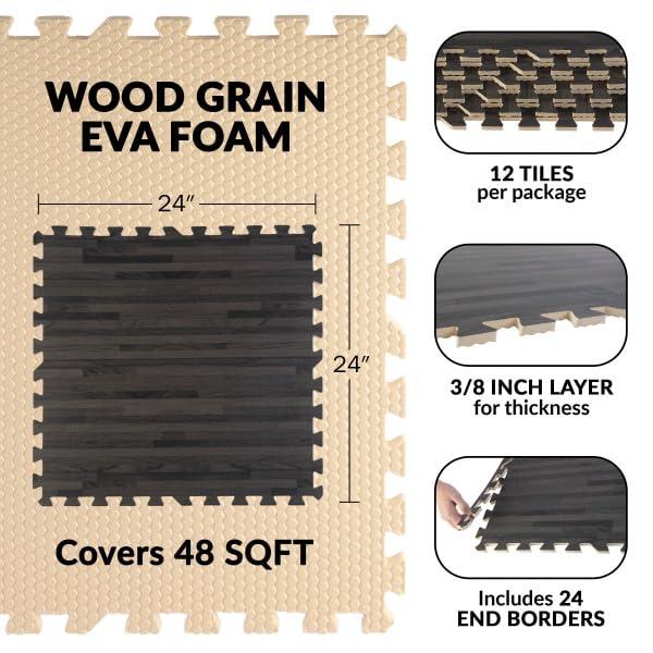 Stalwart EVA Foam Floor Tiles 12-Pack - 48 SQFT Woodgrain Puzzle Mat, Black