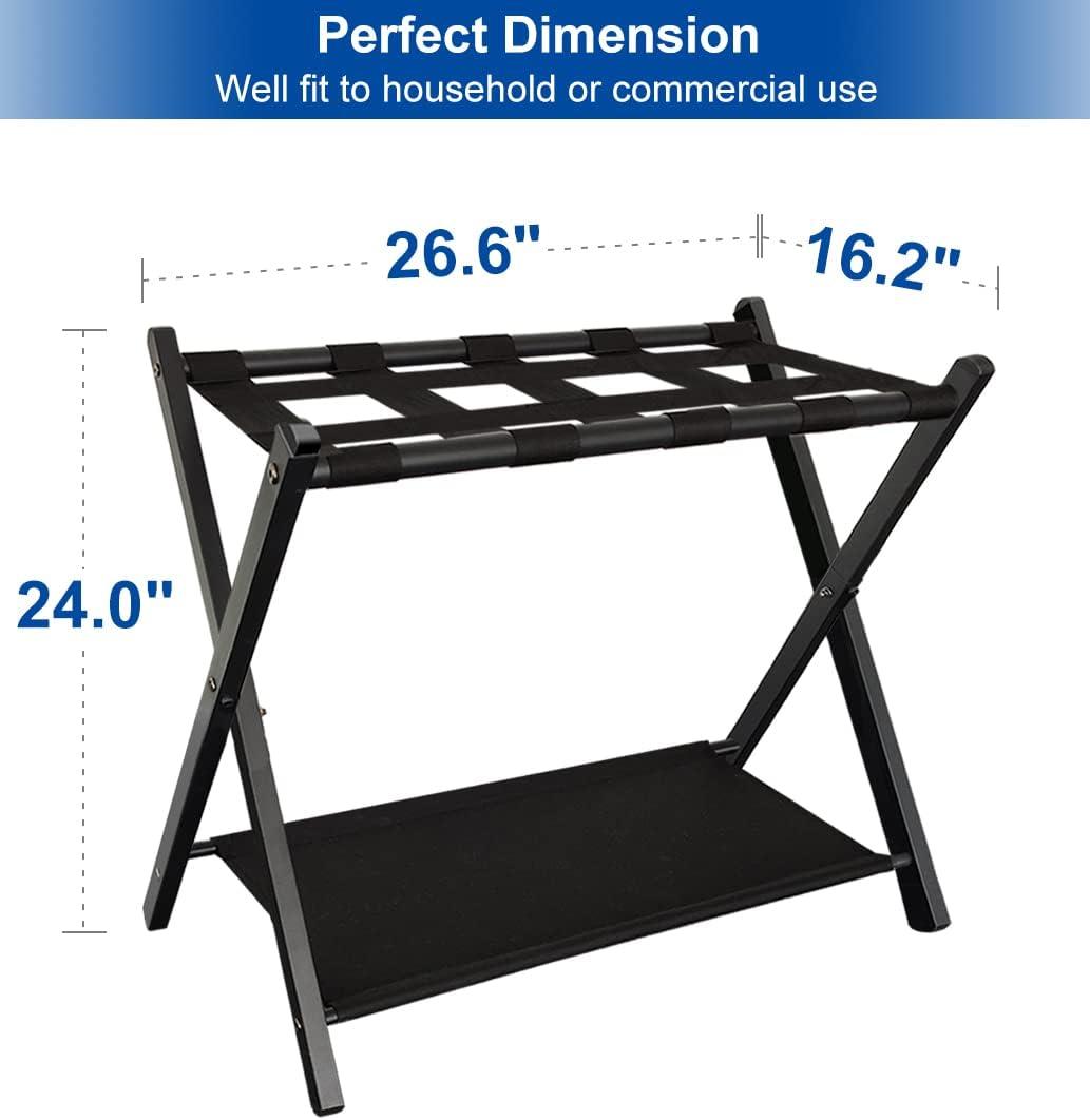 Luggage Rack, Folding Suitcase Stand for Guest, Foldable, Luggage Holders with Shelf, Steel Frame with Nylon Straps for Bedroom, Hotel, Holds up to 131 lb, Black, 1 Pack LR03801B