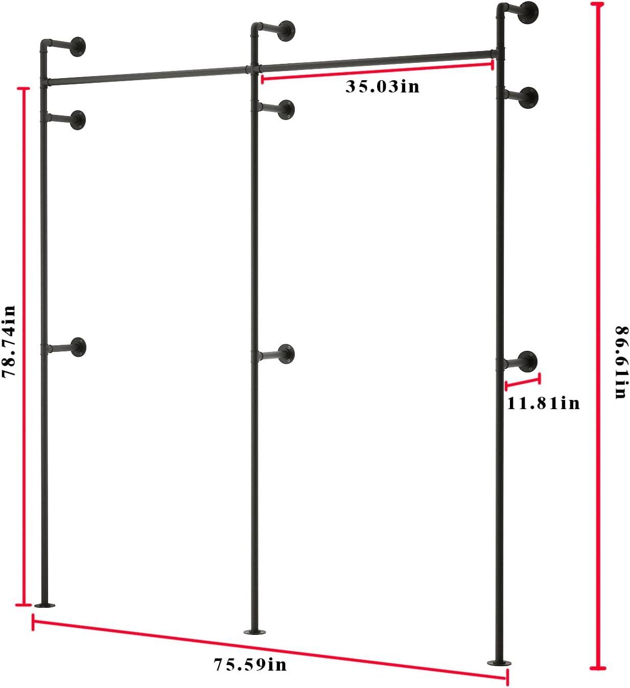 Industrial Pipe Clothes Rack Wall Mounted Clothing Rack,Heavy Duty Iron Pipe Garment Rods,Detachable Multi-Purpose Clothing Hanging Rod/Garment Bar, Black