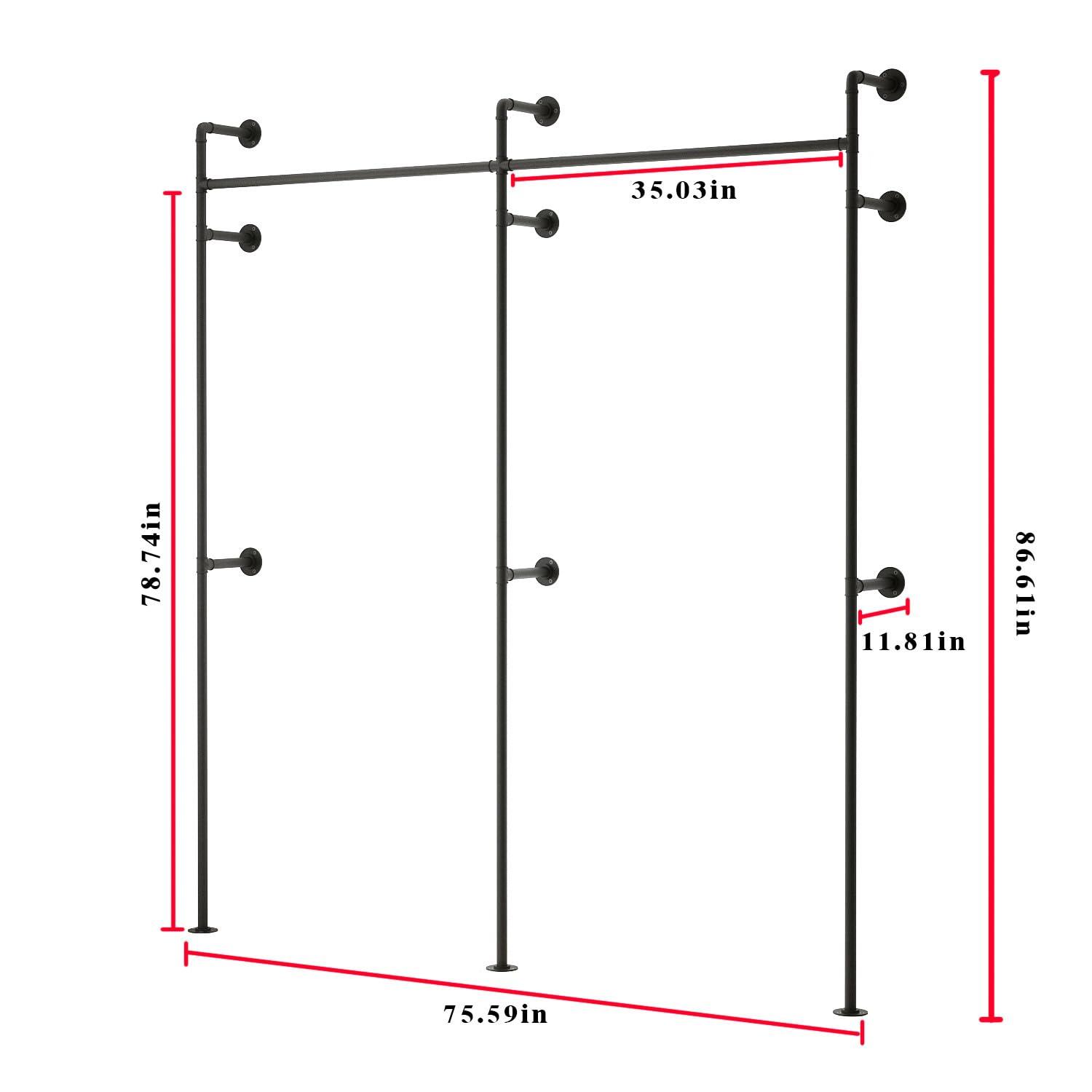Industrial Pipe Clothes Rack Wall Mounted Clothing Rack,Heavy Duty Iron Pipe Garment Rods,Detachable Multi-Purpose Clothing Hanging Rod/Garment Bar, Black