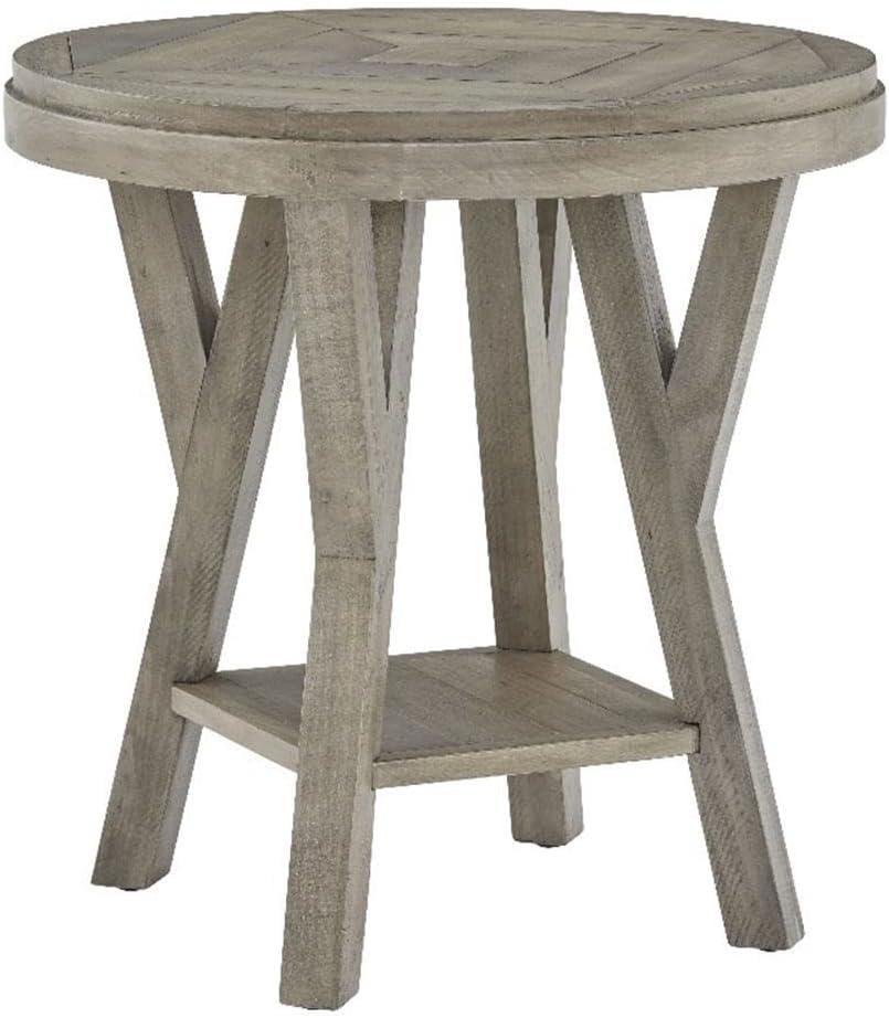 Gray Pine Transitional Round End Table with Planked Top