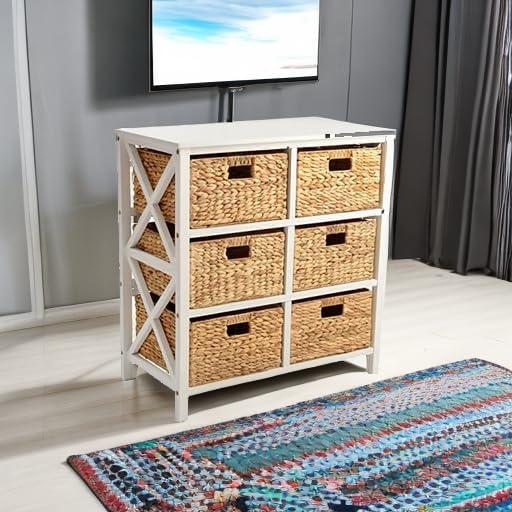 eHemco 3 Tier X-Side Storage Drawers with 6 Wicker Baskets, White
