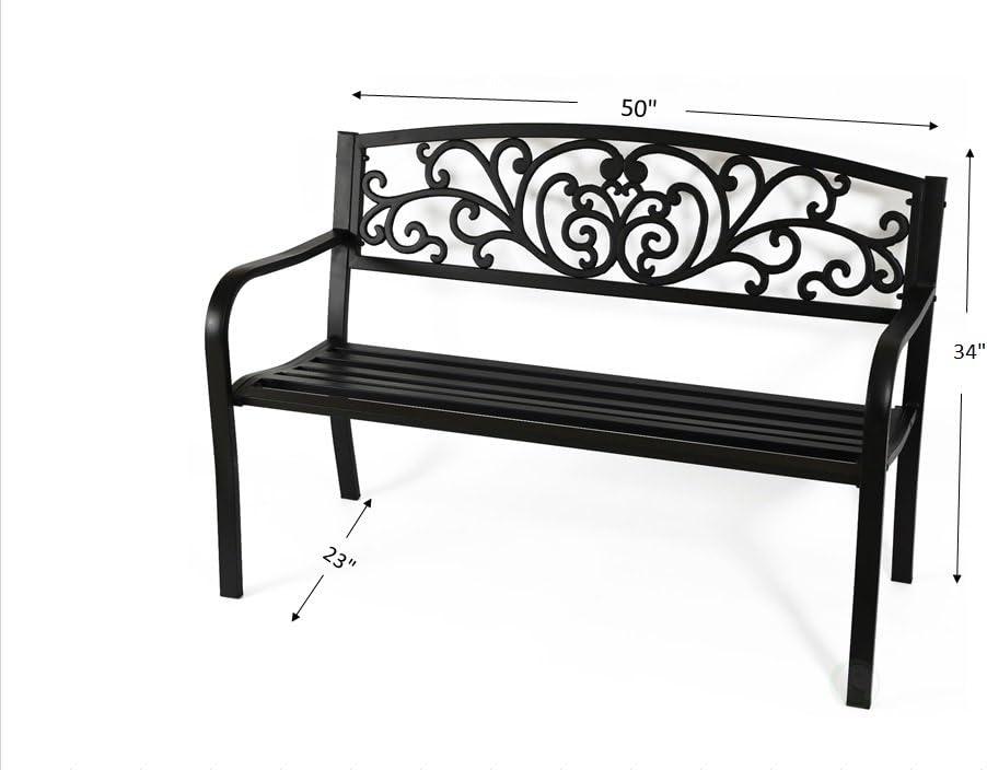 Gardenised Black Patio Garden Park Yard 50" Outdoor Steel Bench Powder Coated with Cast Iron Back