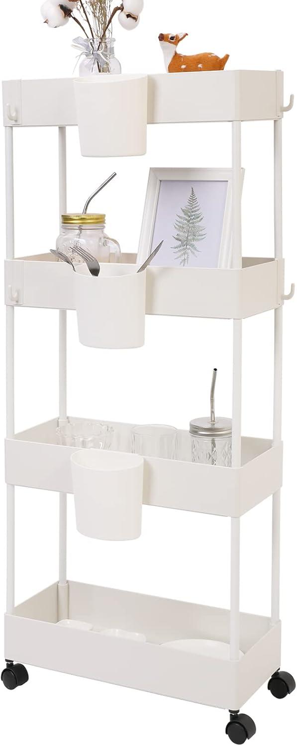 White 4-Tier Slim Rolling Utility Cart with Mesh Baskets