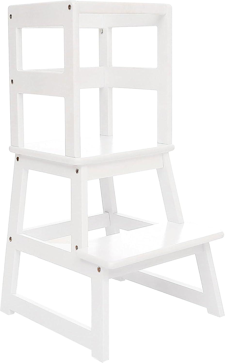 White Wooden 2-Step Kids Kitchen Step Stool with Safety Rail