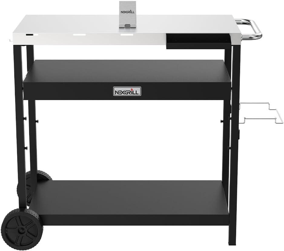 Nexgrill Outdoor Stainless Steel Food Prep Cart w/ Double Shelves, Paper Towel Holder, Hooks, Condiment Tray, Trash Bag Holder