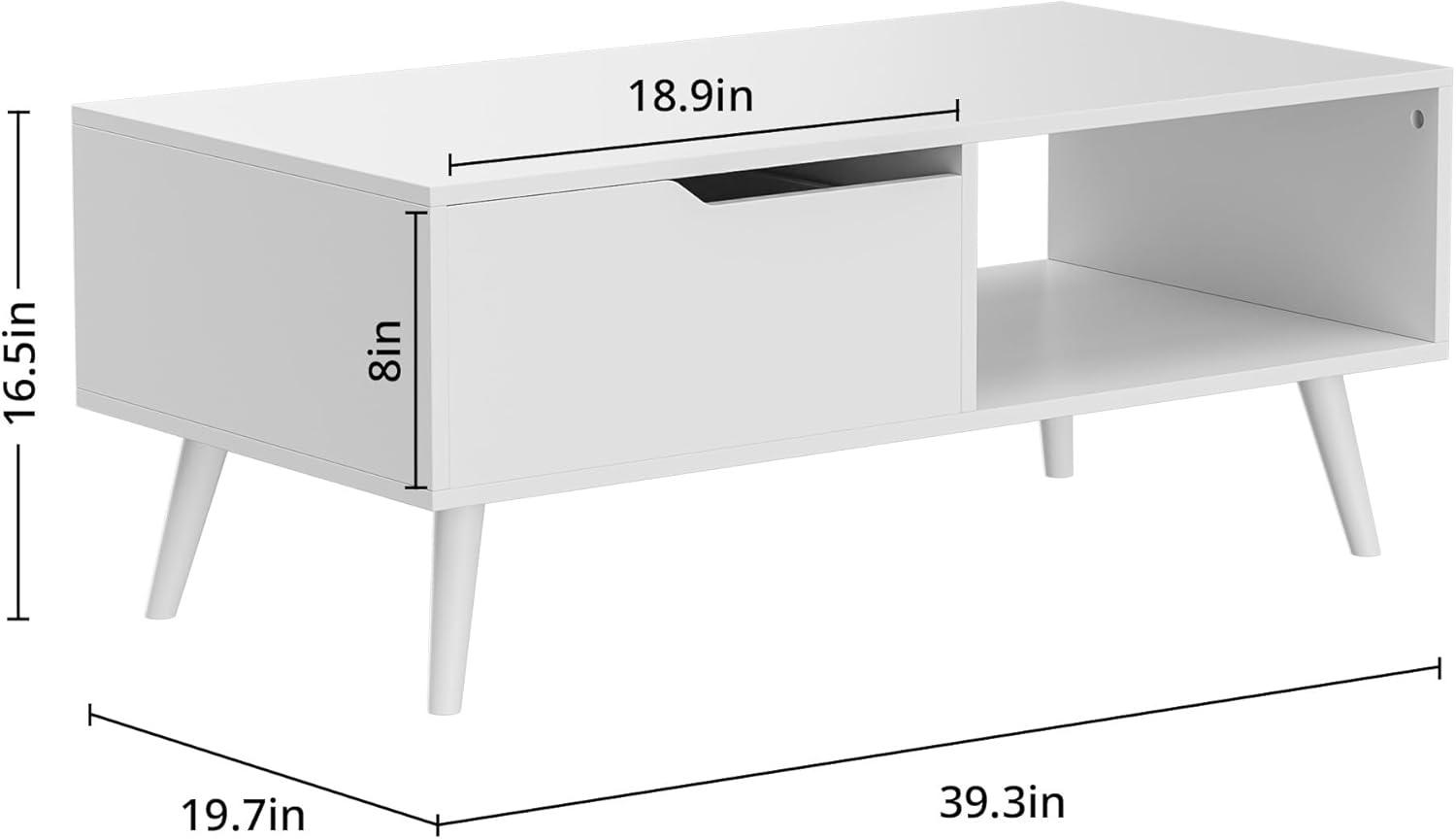 DIYART White Coffee Table, Mid Century Modern Coffee Table with Drawer & Shelf, 39'' Wooden Simple Console Table for Living Room