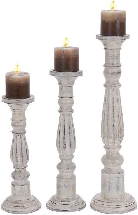 DecMode 3 Candle White Mango Wood Candle Holder, Set of 3