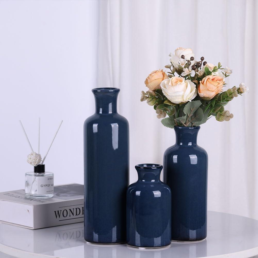 Blue Ceramic Vase Set for 3 - Modern Waterproof Small Vases, Farmhouse Country Home Decor, Living Room, Table, Fireplace, and Entrance Centerpieces