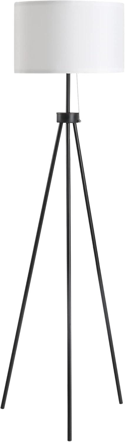 HOMCOM 59.75" Tripod Floor Lamp with Pull Chain Standing, Fabric Lampshade E26 Lamp Holder Steel for Living Room, Bedroom, Office, Black