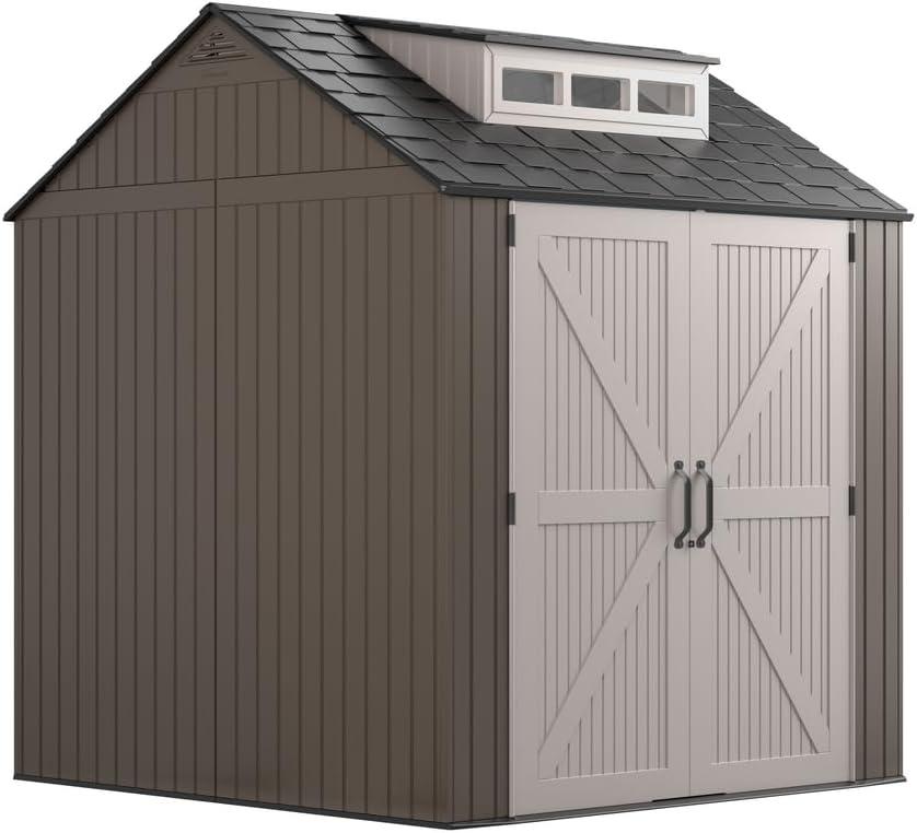 Brown Resin Medium Outdoor Storage Shed with Windows, 7 x 7 ft