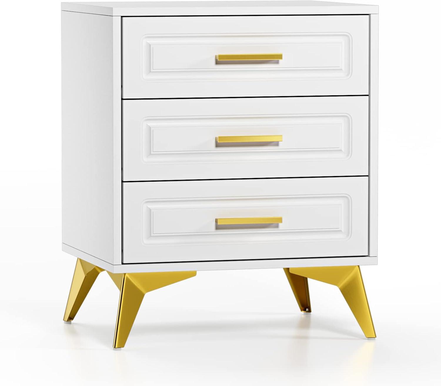 White and Gold 3-Drawer MDF Nightstand with Metal Legs