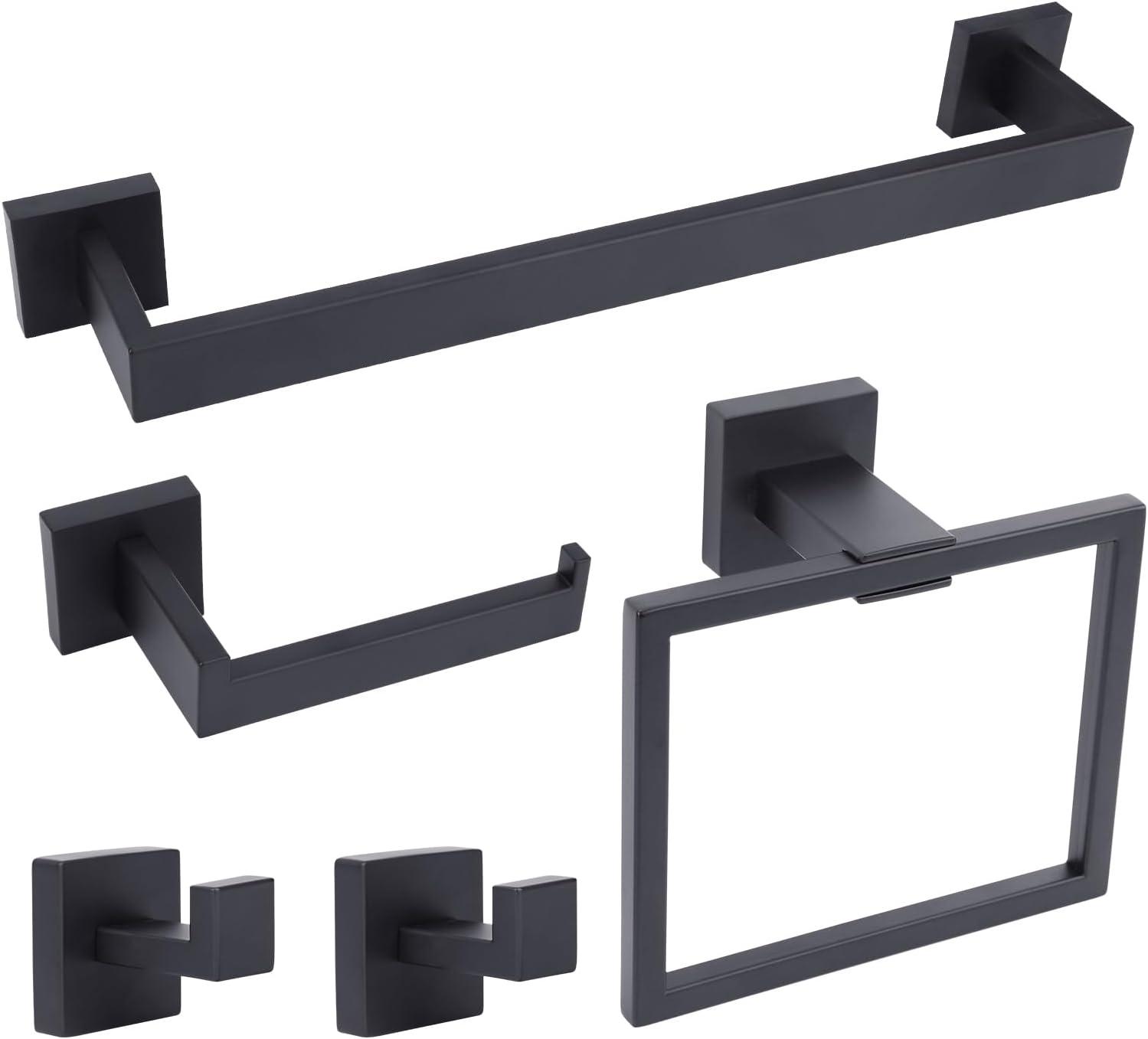 Stainless Steel Matte Black Bathroom Hardware Accessories - 5 Piece Set with 16 inch Square Towel Bar, Towel Rack & Holder