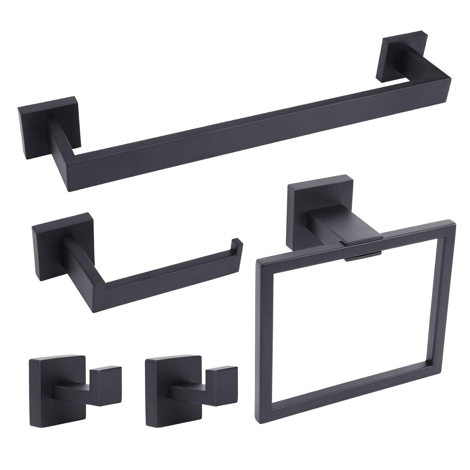 Stainless Steel Matte Black Bathroom Hardware Accessories - 5 Piece Set with 16 inch Square Towel Bar, Towel Rack & Holder