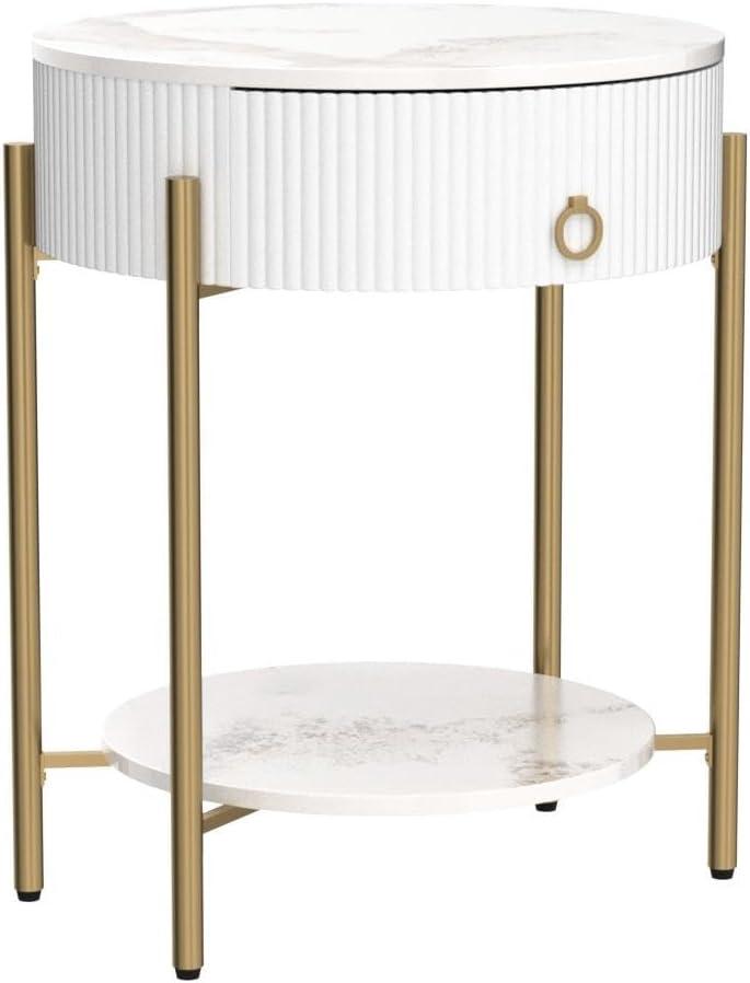 ASYA Gold End Table with Drawer, 2-Tier Nightstand Side Table with Natural Stone Top, Round Bedside Table Accent Table for Living Room Bedroom