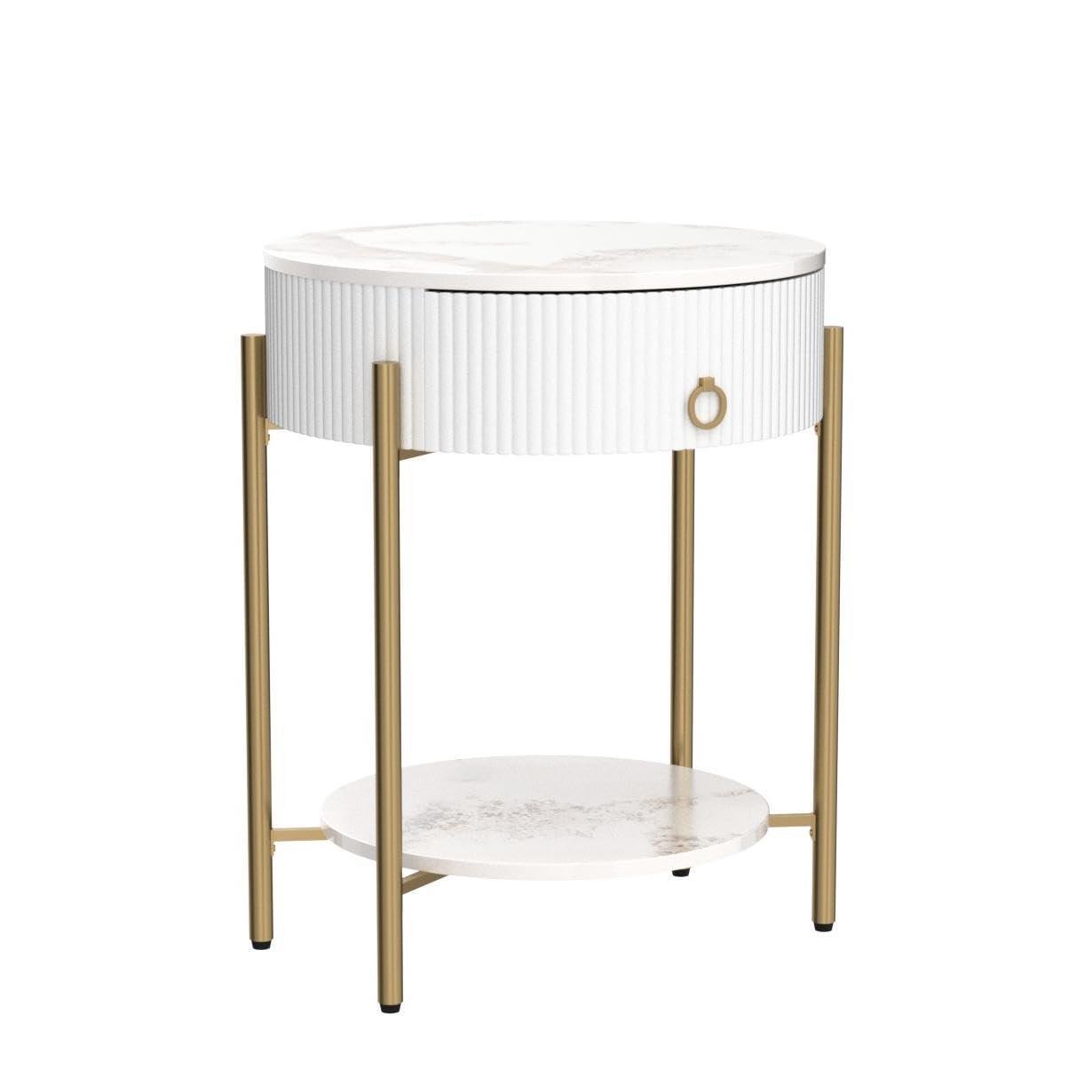 ASYA Gold End Table with Drawer, 2-Tier Nightstand Side Table with Natural Stone Top, Round Bedside Table Accent Table for Living Room Bedroom