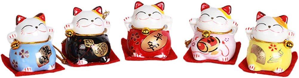 EatingBiting Set of 5 Japanese Ceramics Maneki Neko Lucky Cat Figurines Waving Upright Fortune Cat Figurines Cute Smiley Waving Upright Lucky Fortune