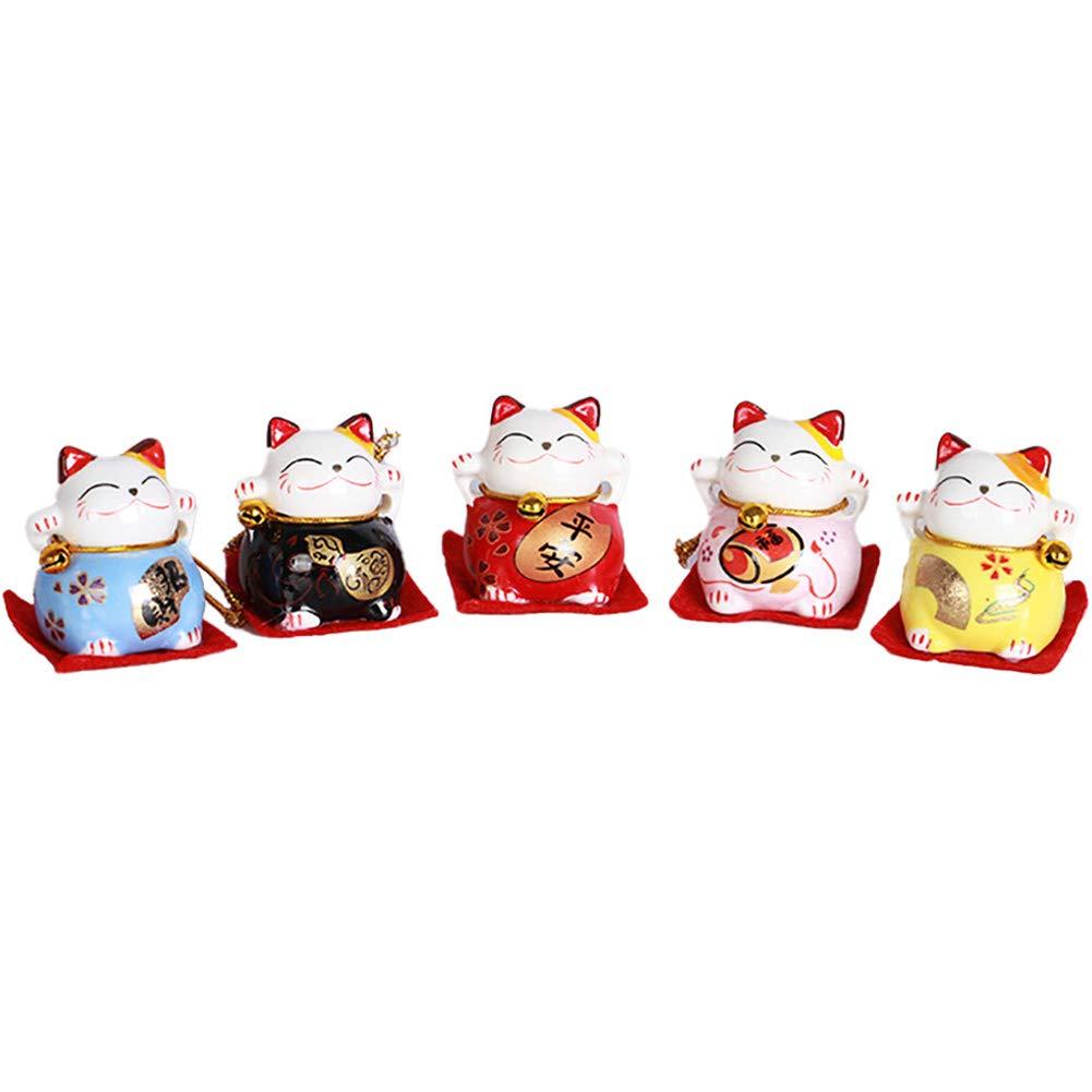 EatingBiting Set of 5 Japanese Ceramics Maneki Neko Lucky Cat Figurines Waving Upright Fortune Cat Figurines Cute Smiley Waving Upright Lucky Fortune