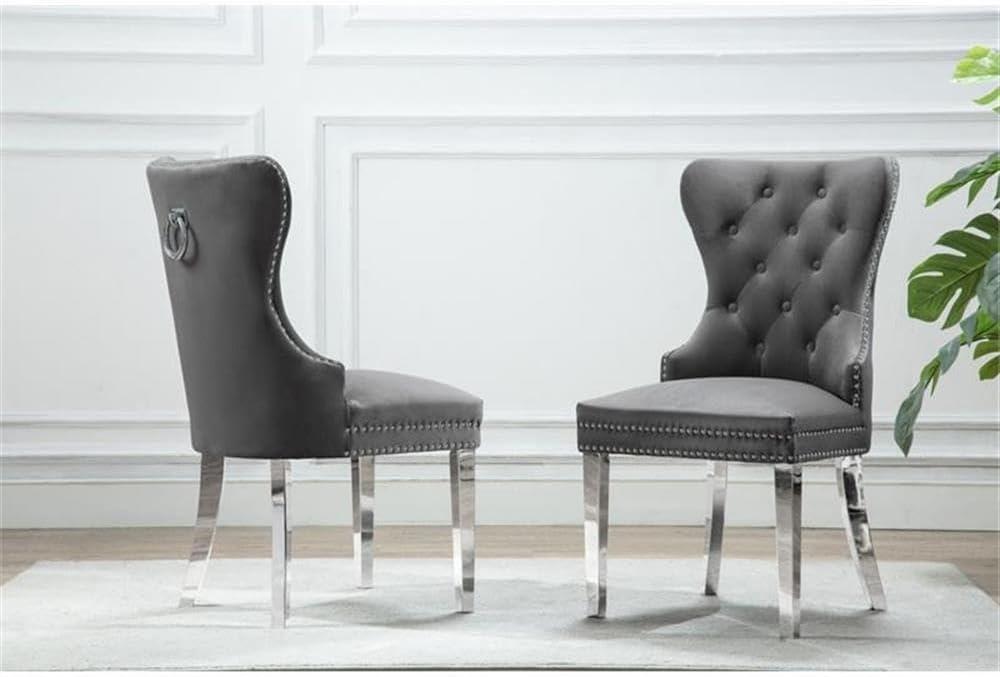 Tufted Dark Gray Velvet Side Chairs with Silver Stainless Steel (Set of 2)