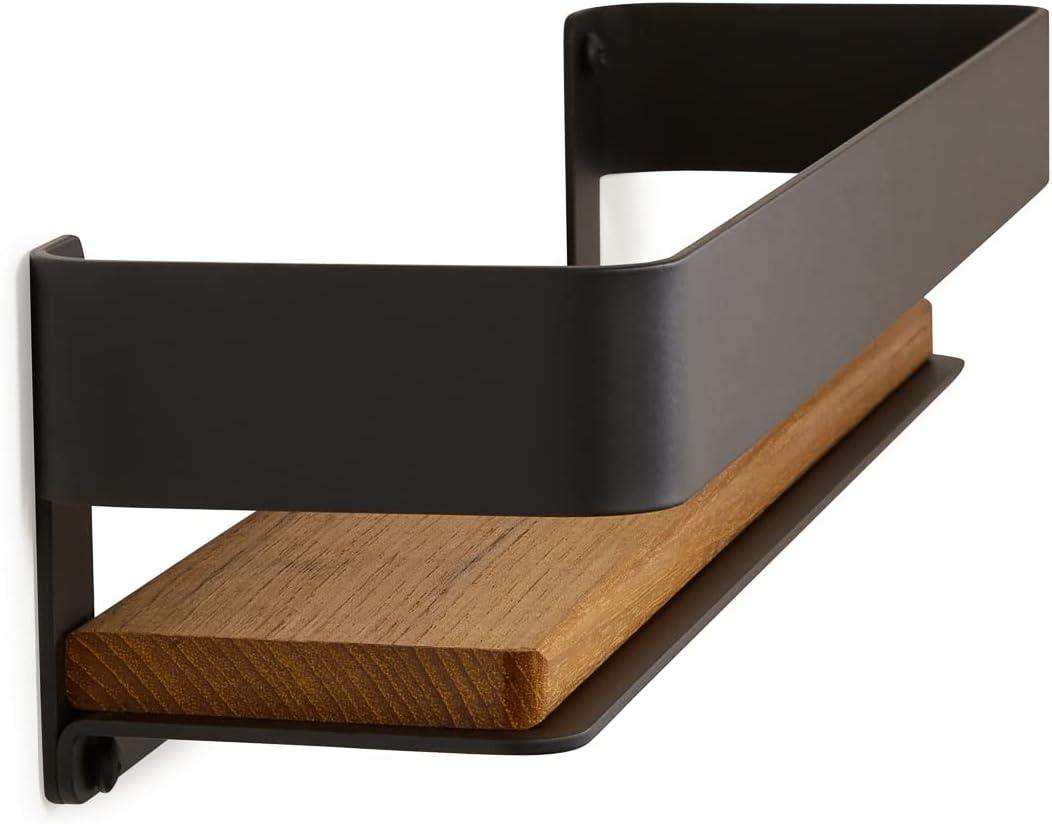 Matte Black and Teak Wood Wall Mounted Shower Shelf