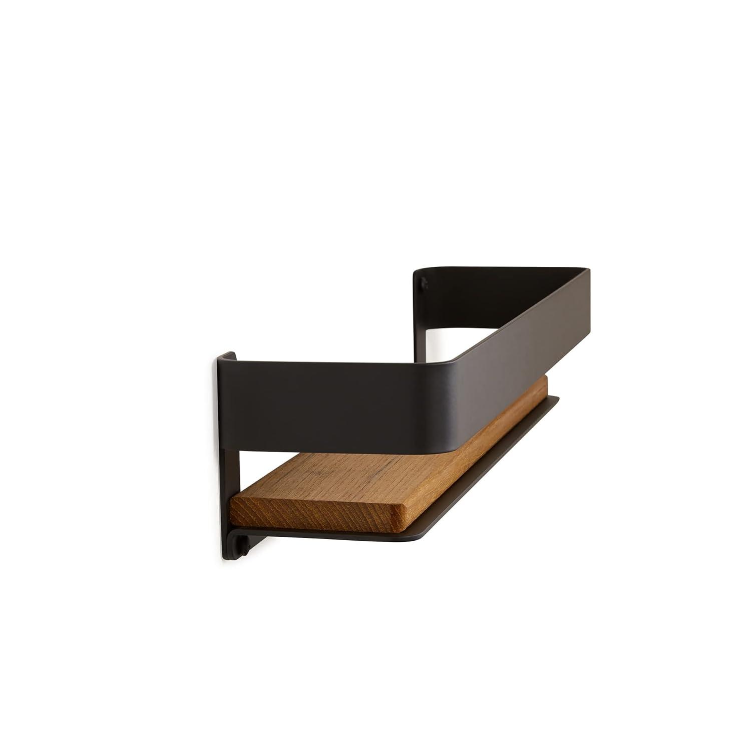 18 in. x 4 in. Rectangular Shower Shelf with Rail in Matte Black and Natural Teak Wood Insert