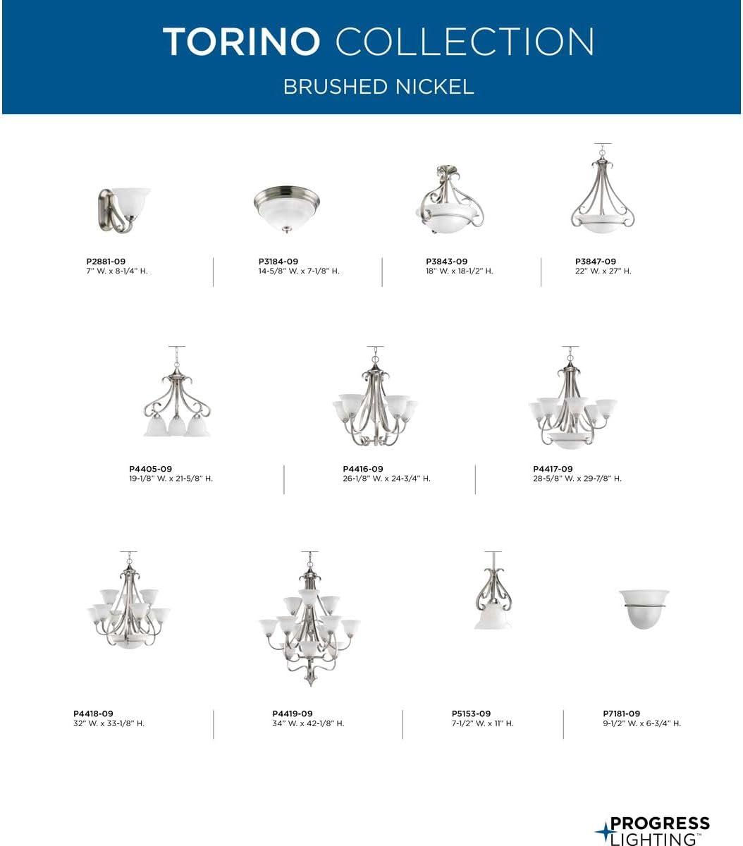 Progress Lighting Torino 3-Light Inverted Pendant, Brushed Nickel, Etched White Glass Bowl, Porcelain Material