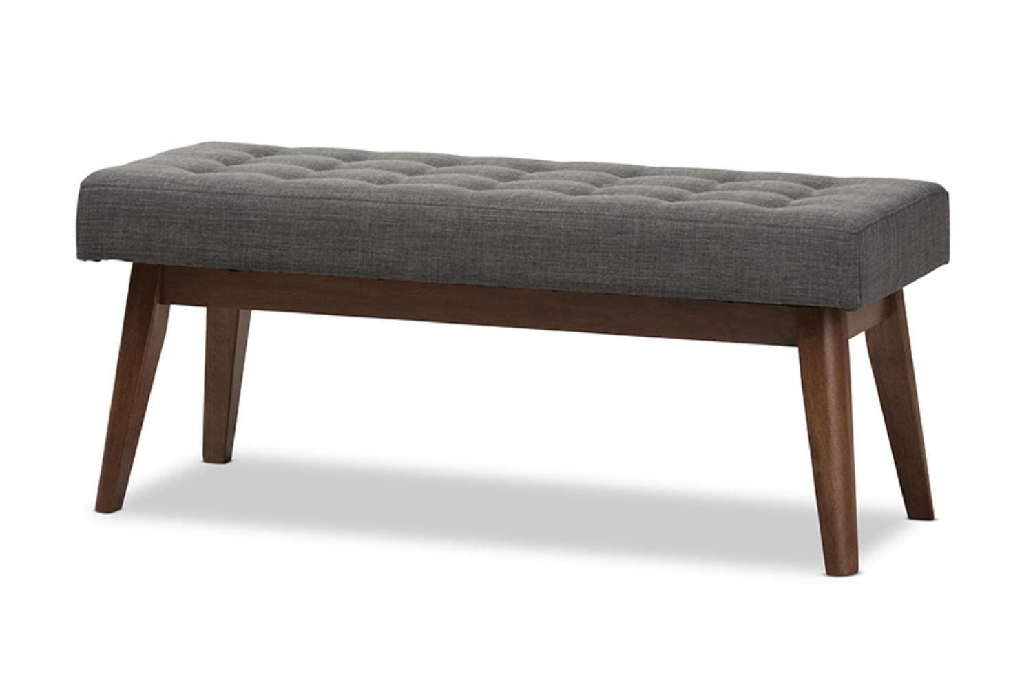 Baxton Studio Elia Mid Century Modern Walnut Wood Fabric Button Tufted Bench Dark Gray: Rubberwood Frame, Polyester Upholstery, 400lb Capacity
