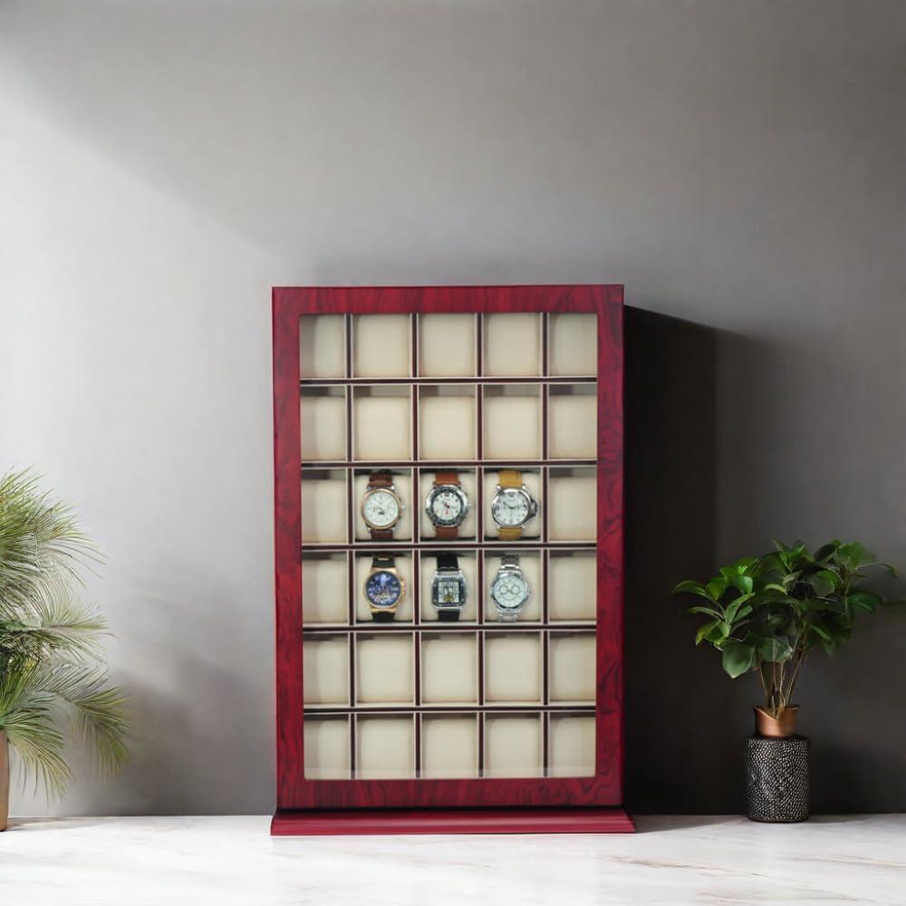 Cherry Wood 30-Slot Wall Mounted Watch Display Case