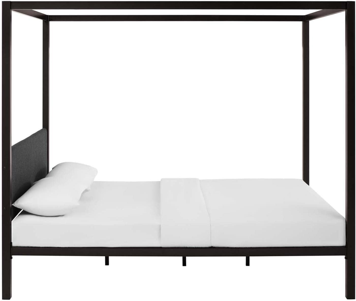 Queen Brown Metal Platform Bed with Wood Headboard and Slats