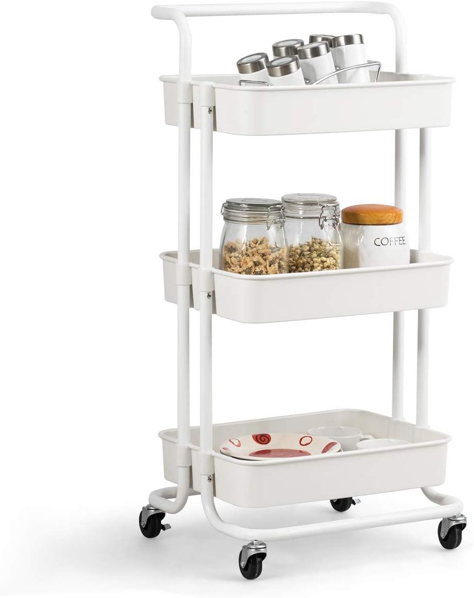 Topcobe 3-Tier Utility Cart Storage Rolling Cart with Casters, Portable Kitchen Island, Kitchen Carts on Wheels, White