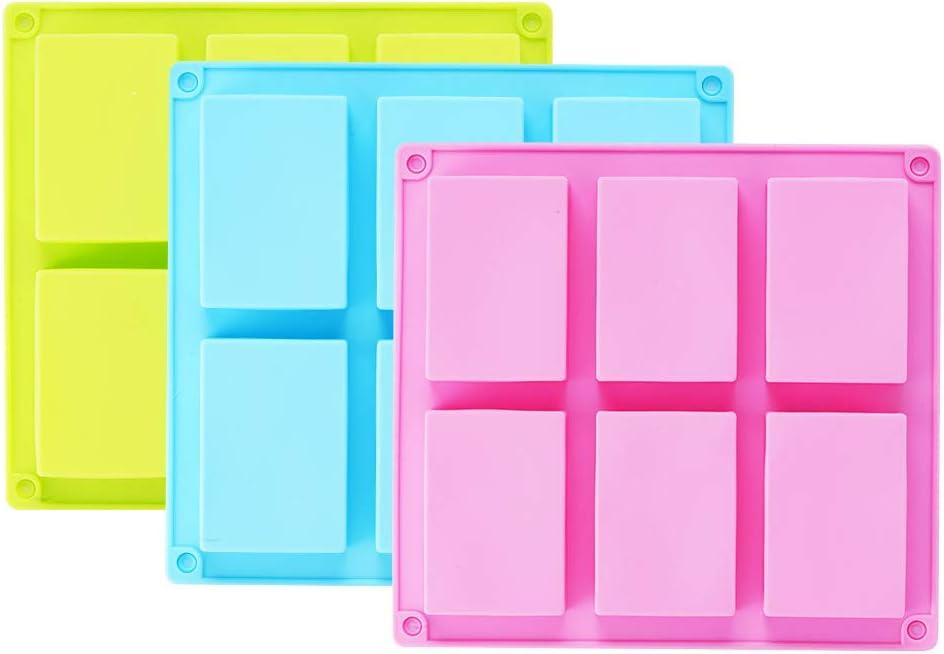 3 Pack Silicone Soap Molds, 6 Cavities Rectangle Silicone Soap Molds, Great for Homemade Craft Soap Mold, Chocolate Mold, Cake Mold ＆ Ice Cube Tray - Just Pop Out（Pink & Blue & Purple）