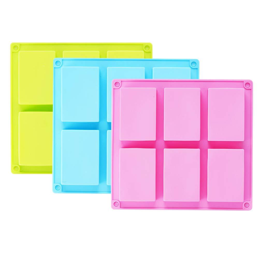 3 Pack Silicone Soap Molds, 6 Cavities Rectangle Silicone Soap Molds, Great for Homemade Craft Soap Mold, Chocolate Mold, Cake Mold & Ice Cube Tray - Just Pop Out(Pink & Blue & Purple)