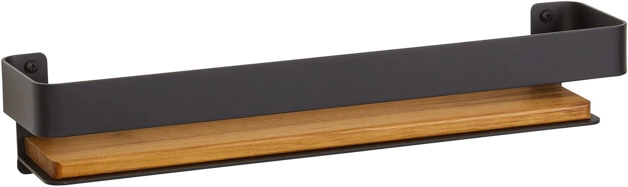 Matte Black and Teak Wood Wall Mounted Shower Shelf