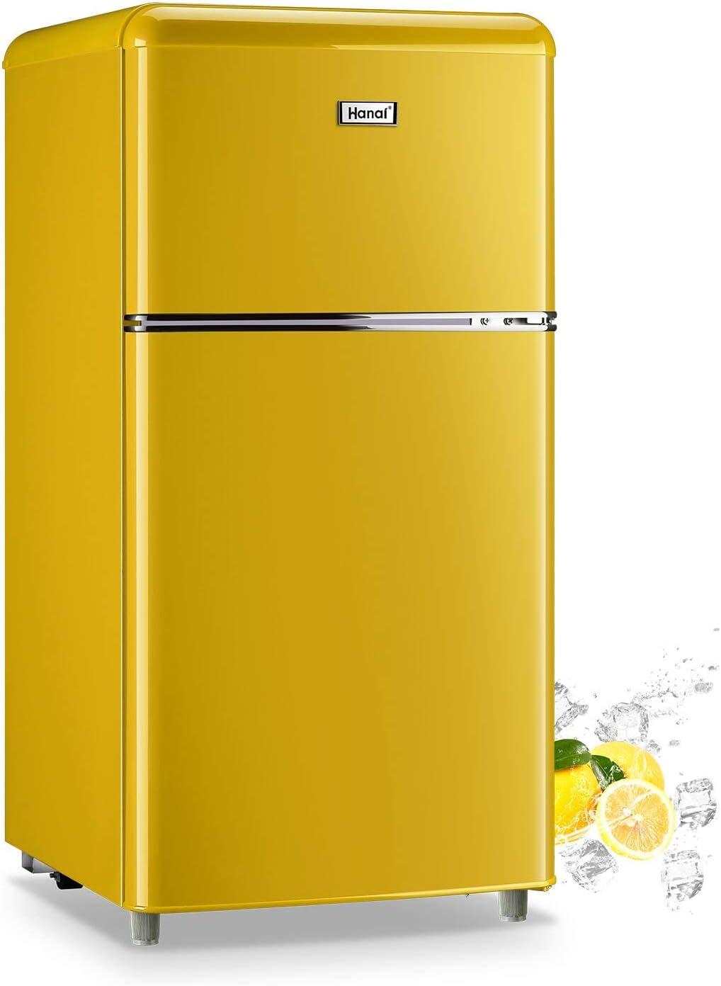 WANAI 3.2.Cu ft Two Door Mini Fridge with Freezer, A retro look,(yellow)