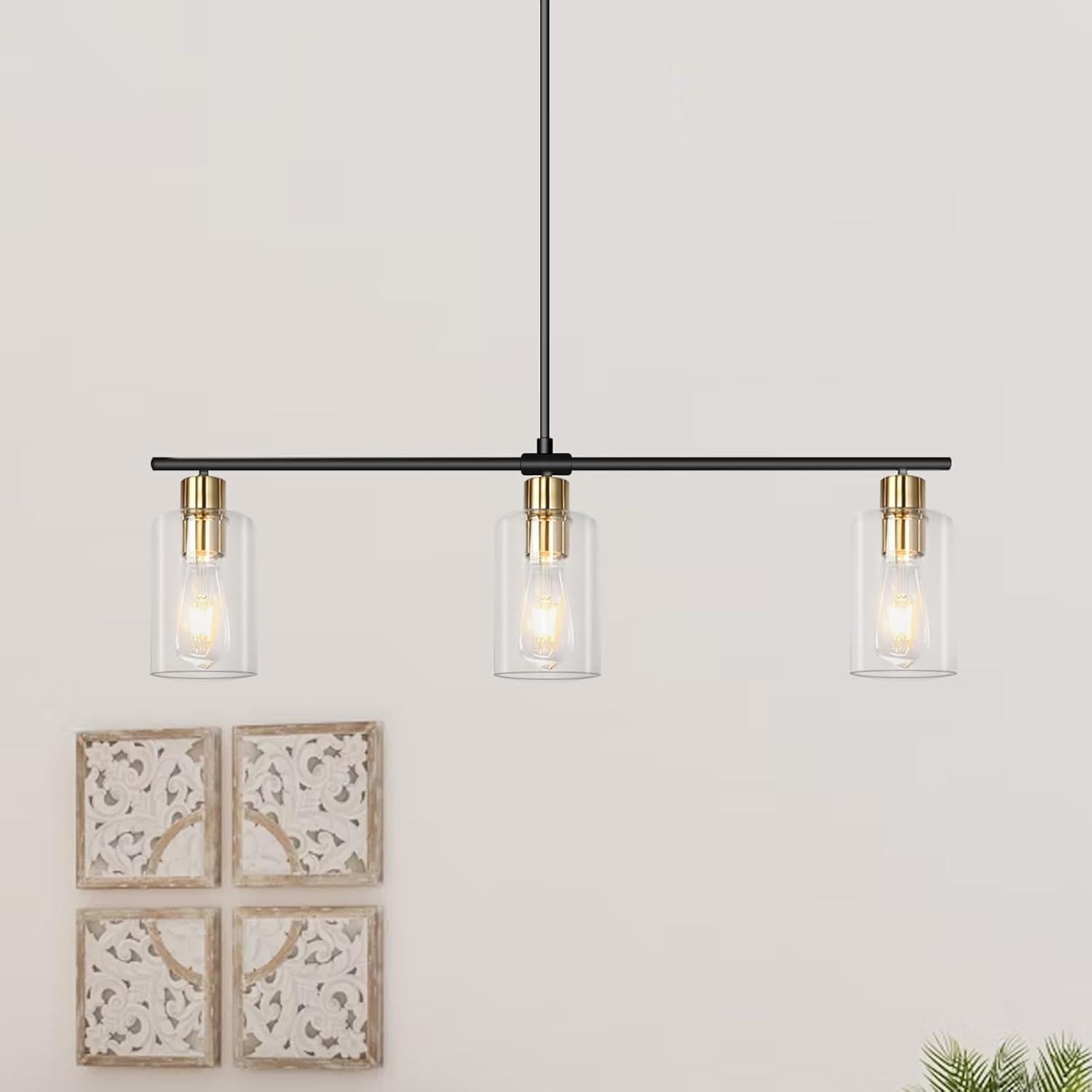 Black and Gold Linear Metal Chandelier with Clear Glass Shades