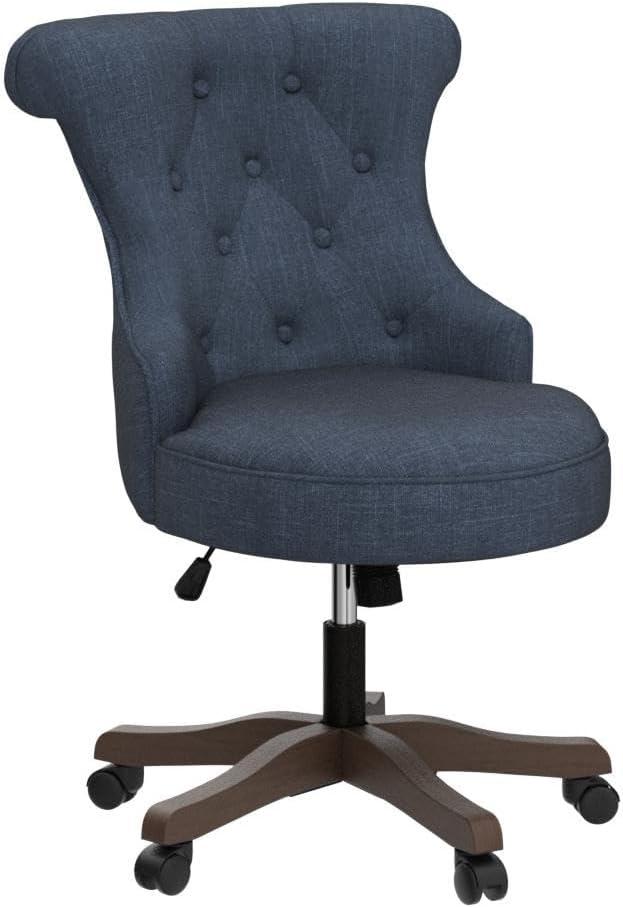 Blue Linen Upholstered Swivel Office Chair with Wooden Legs