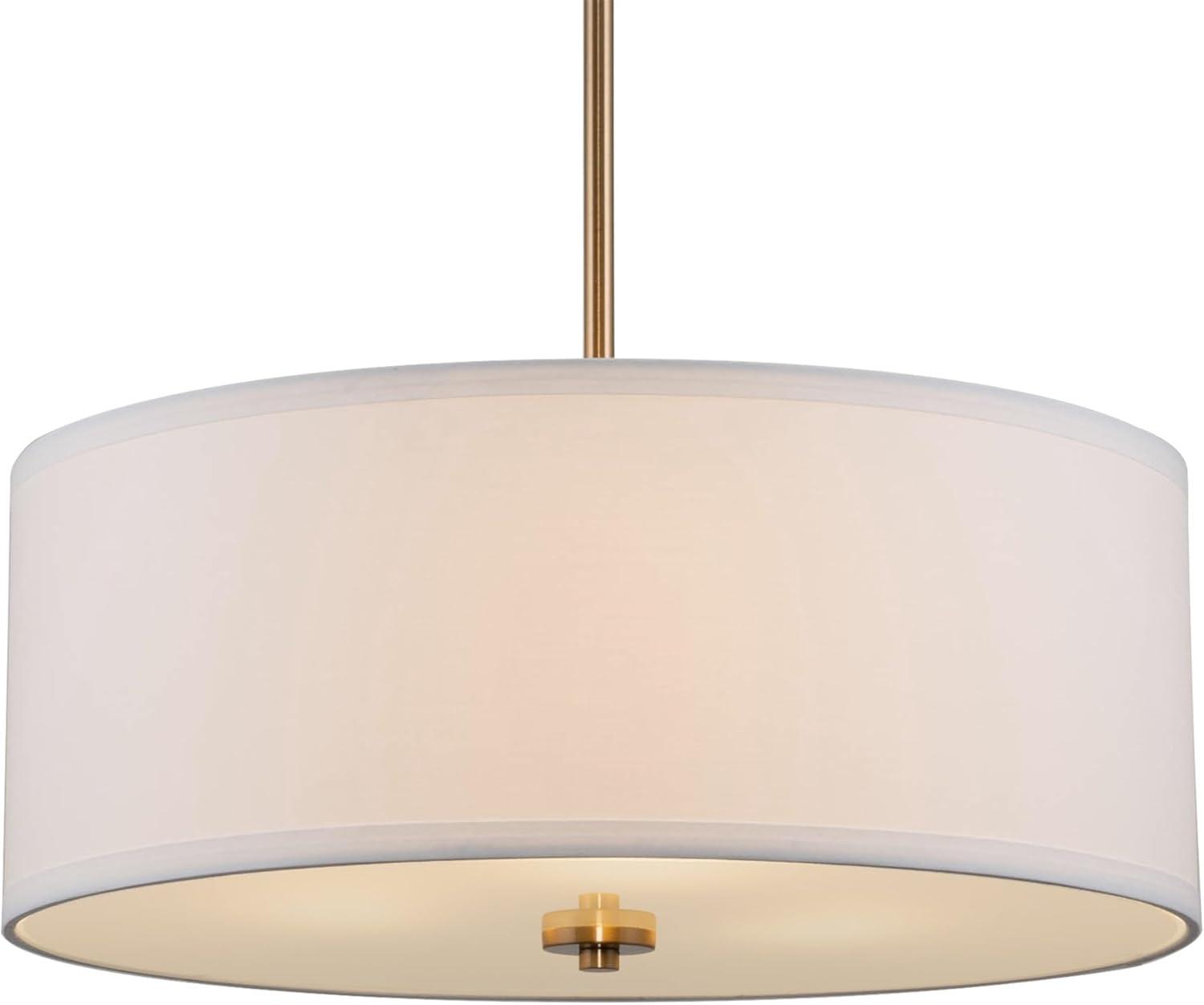 Kira Home Nolan 18" Drum Pendant Chandelier, White Fabric Shade, Round Glass Diffuser, Adjustable Height, Cool Brass