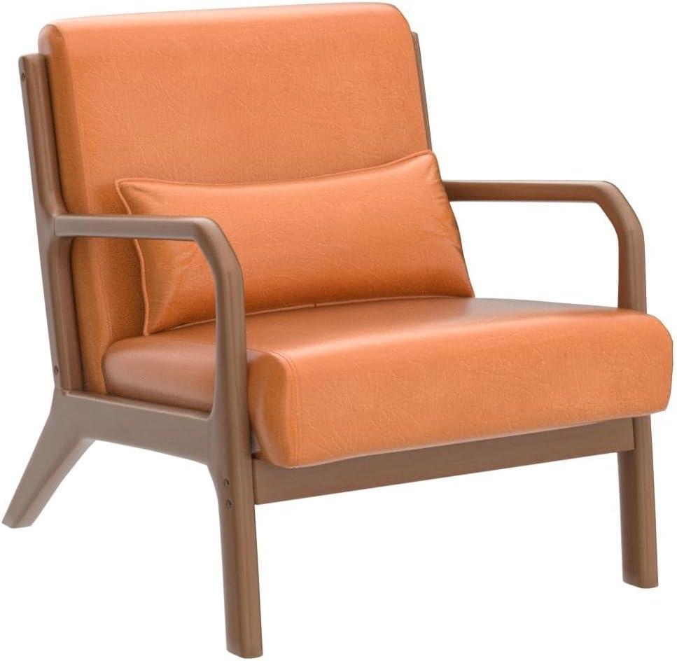 Mid-Century Modern Leatherette Arm Accent Chair Walnut Rubberwood Frame Tan - Glitzhome: Upholstered, Durable, for Office & Home