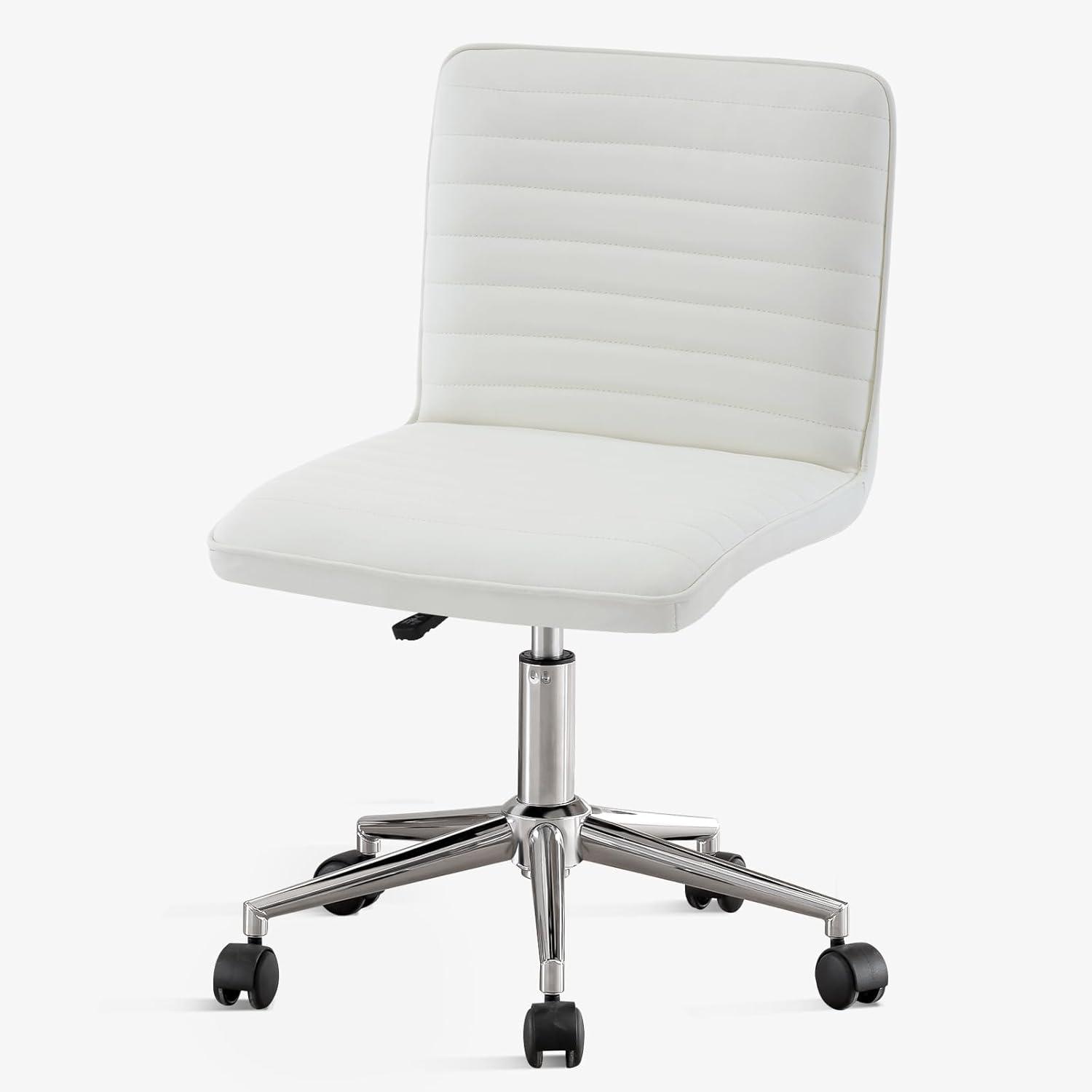Furniliving Modern PU Leather Armless Office Chair Adjustable Swivel Office Desk Chair with Wheels Task Chair for Home Office, White