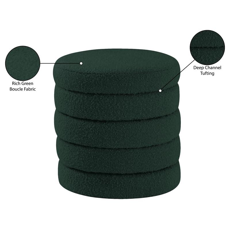 Contemporary Green Boucle Tufted Round Ottoman