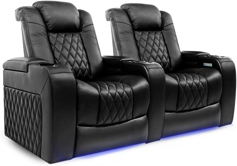 Valencia Tuscany Home Theater Seat - Nappa Leather Power Recliner with Cool Gel Memory Foam, USB-C/USB-A Charging, RGB LED Lights, Adjustable Lumbar & Headrest (Row of 2, Black)