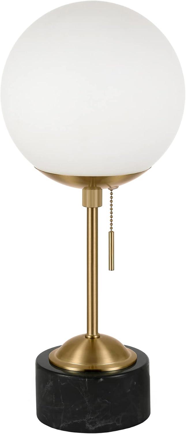 Reagan Art Deco Brass & Black Marble Table Lamp with White Globe Shade